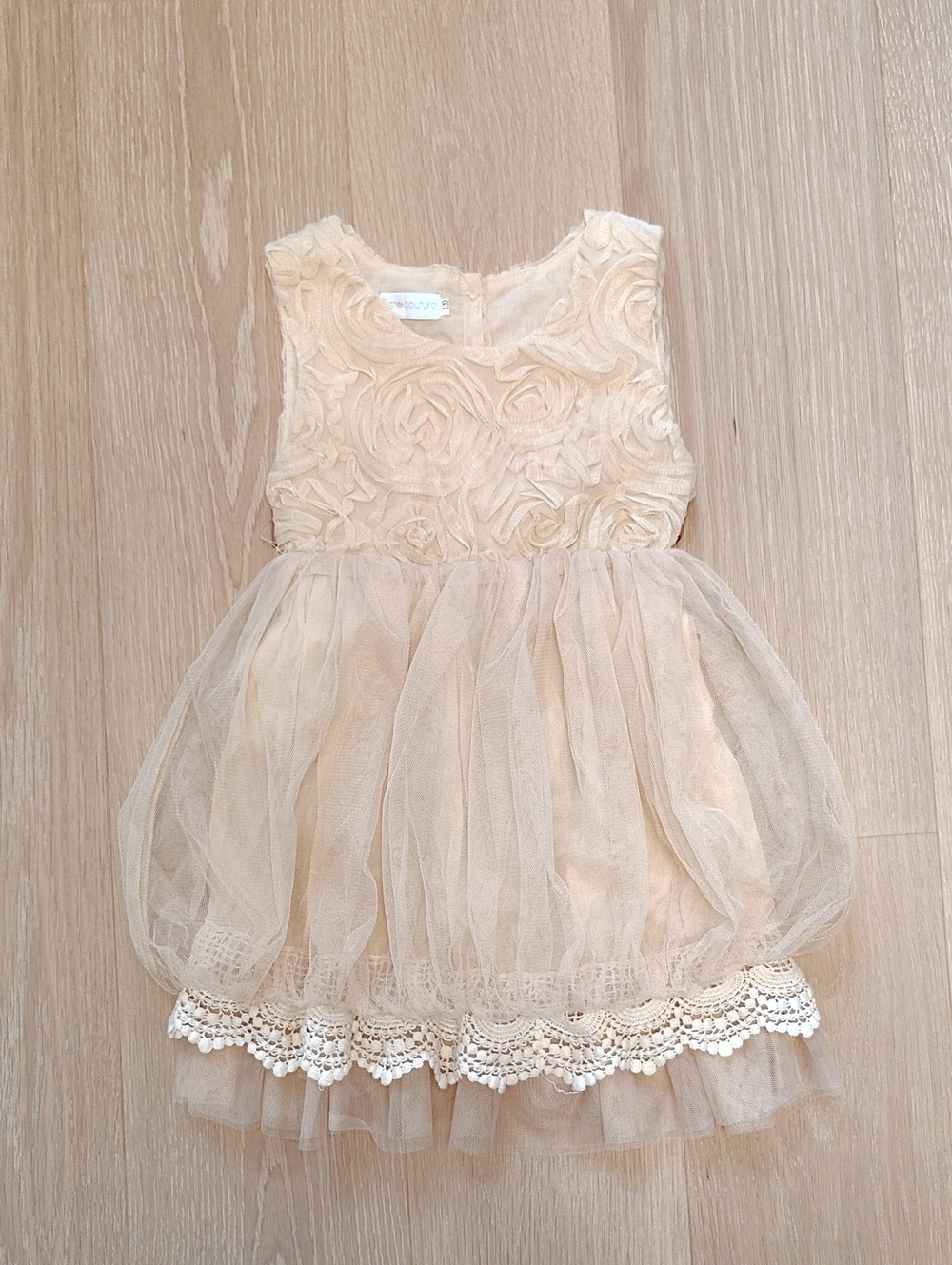 Girls' Cream Floral Rosette Tulle Party Dress